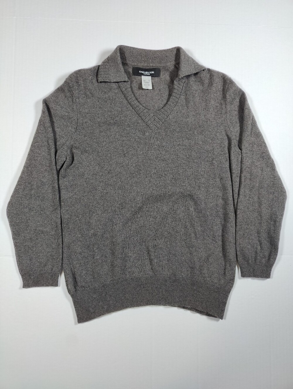 Jones New York Women Brown 100% Cashmere V-Neck Collared Sweater Size M